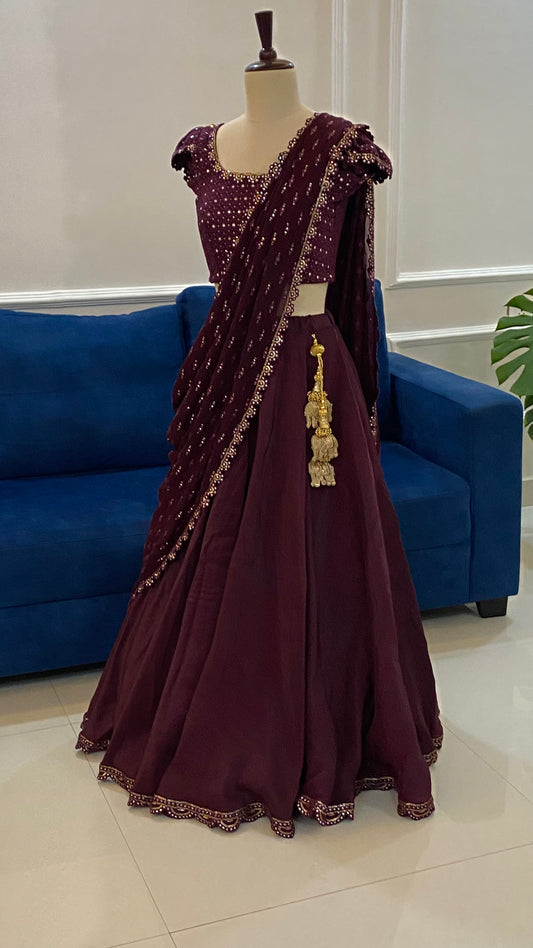 Wine Mirror Work Lehenga Set in Tussar Silk with Georgette Dupatta