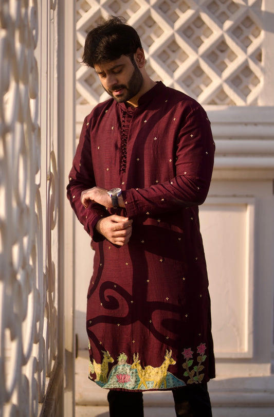Falling Raw Silk Kurta with Appliqué Kalamkari Work