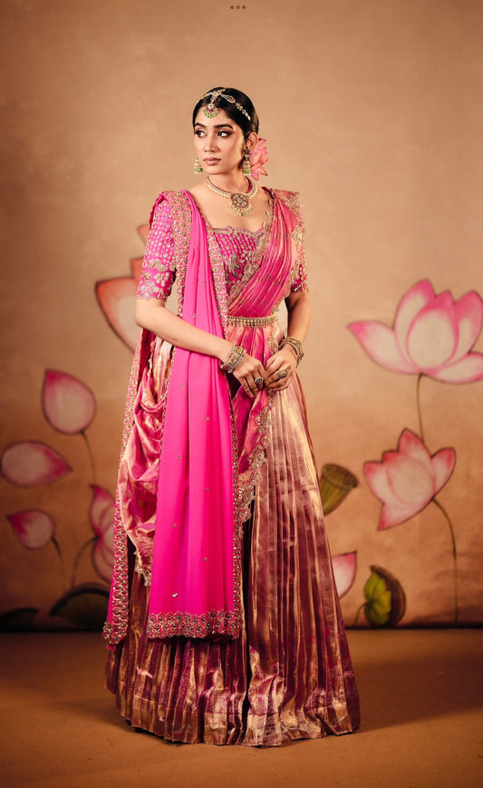 Exquisite Pure Kanchi Pattu Lehenga with Pure Raw Silk Blouse & Pure Tissue Dupatta