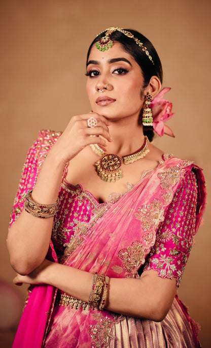 Exquisite Pure Kanchi Pattu Lehenga with Pure Raw Silk Blouse & Pure Tissue Dupatta