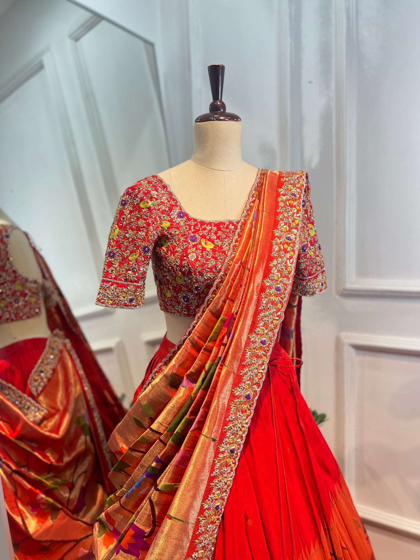 Pure Paithani Lehenga with Hand Embroidered Raw Silk Blouse & Paithani Dupatta