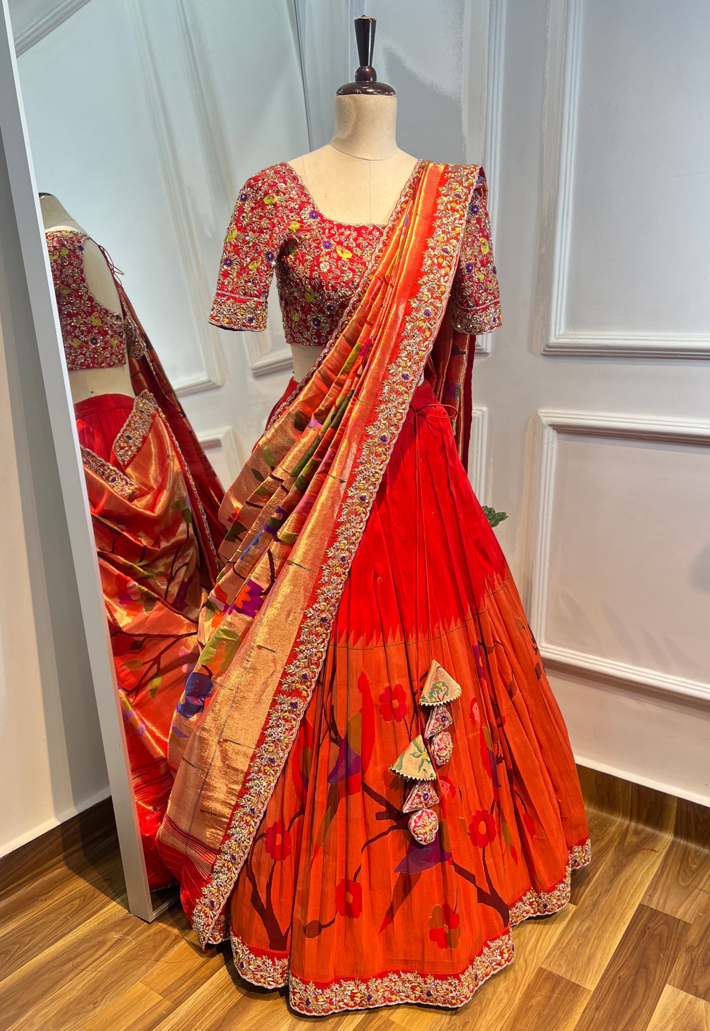 Pure Paithani Lehenga with Hand Embroidered Raw Silk Blouse & Paithani Dupatta