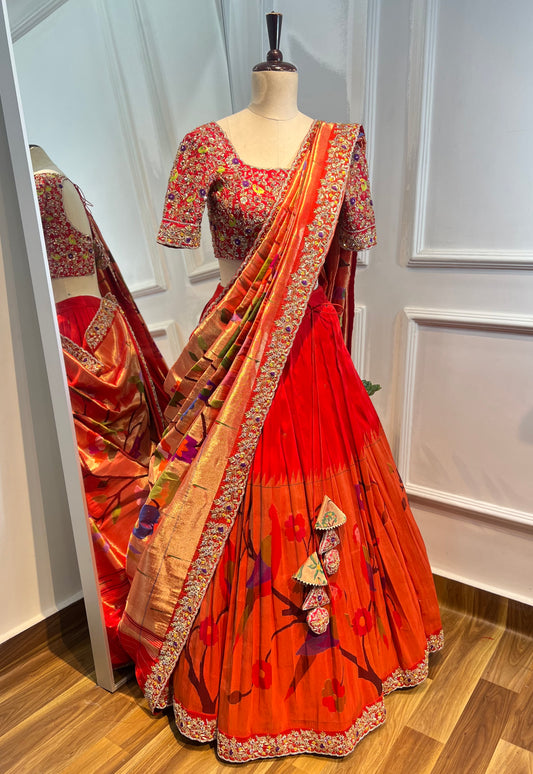 Pure Paithani Lehenga with Hand Embroidered Raw Silk Blouse & Paithani Dupatta