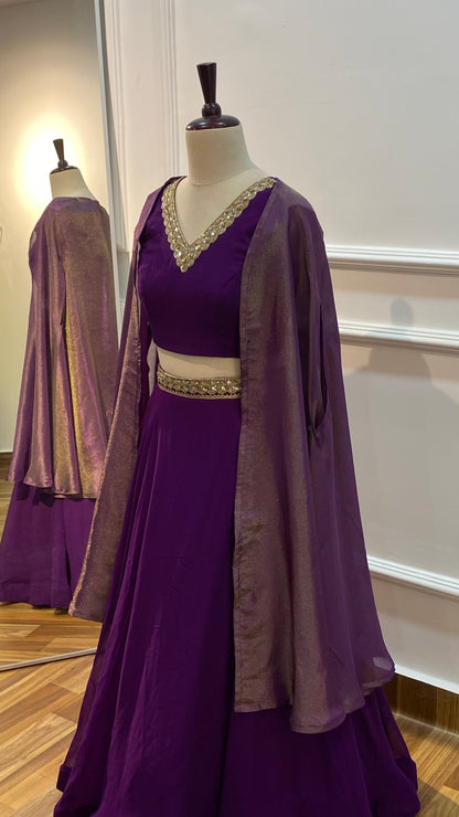 Elegant Georgette Crop Top Skirt Set with Tissue Cape