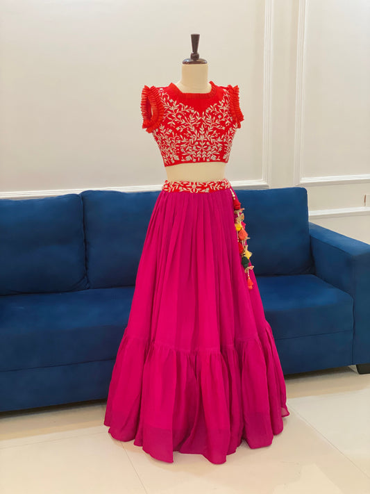 Handcrafted Crop Top Lehenga Set with Tiered Georgette Skirt