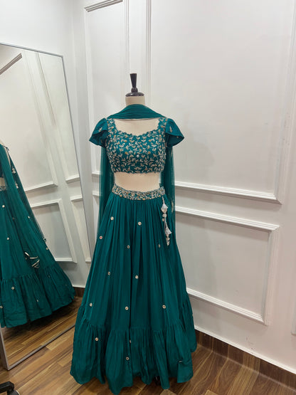 Zardosi Embroidered Rawsilk Crop Top and Crepe Silk Lehenga in Intel Blue