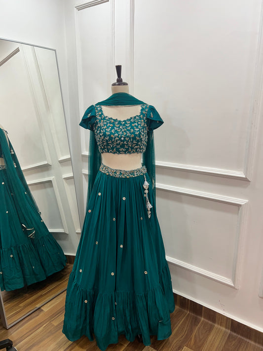 Zardosi Embroidered Rawsilk Crop Top and Crepe Silk Lehenga in Intel Blue