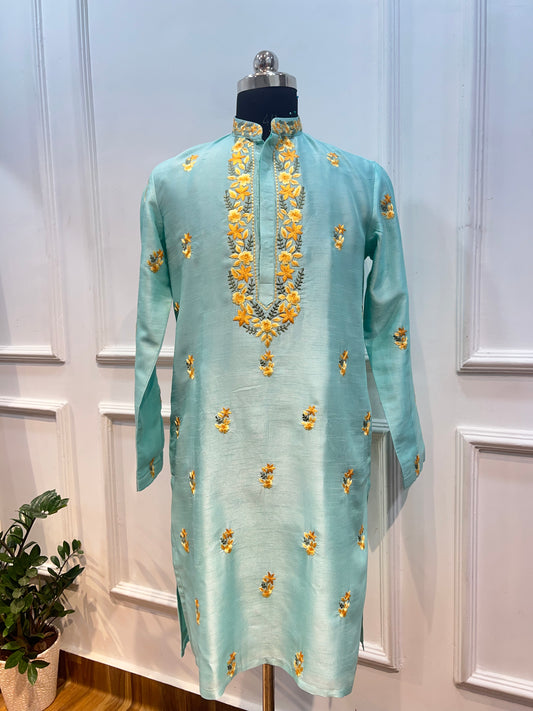 Thread Embroidered Falling Raw Silk Kurta with Pants