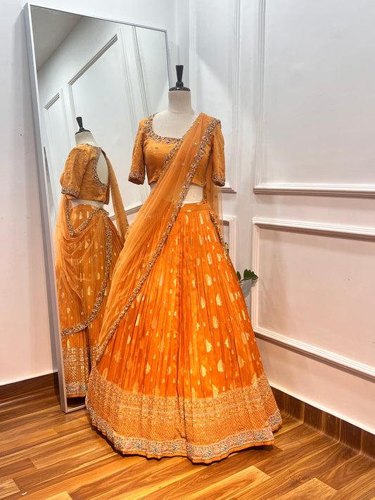 Vibrant Orange Banaras Silk Lehenga Set