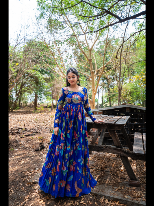Dark Blue Chintz Printed Dress with Handwork Detailing