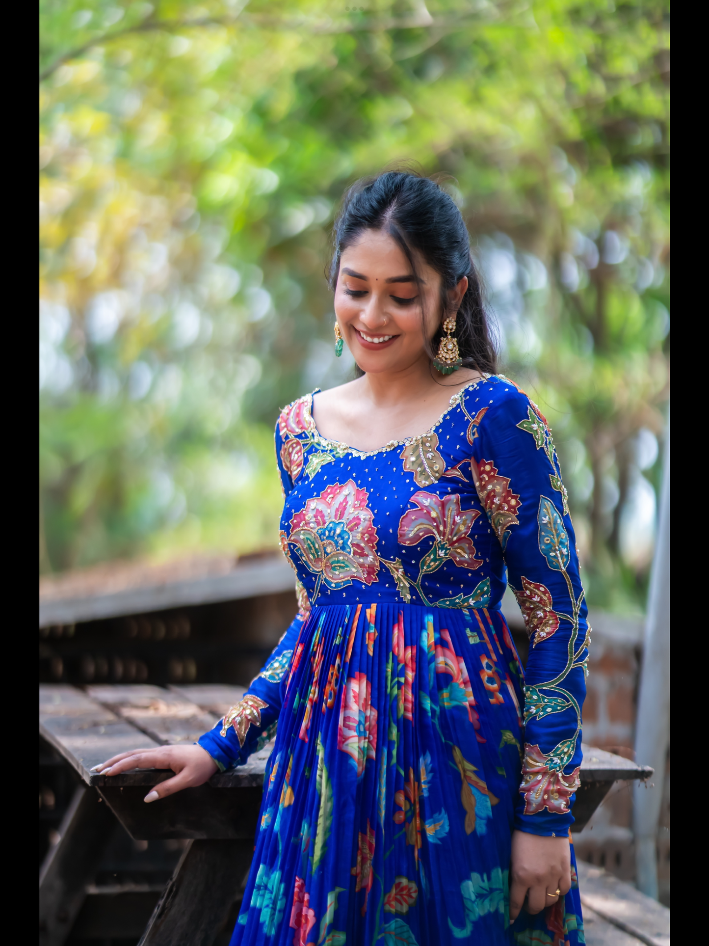 Dark Blue Chintz Printed Dress with Handwork Detailing