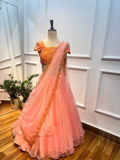 Elegant Peach & Orange Organza Lehenga Set