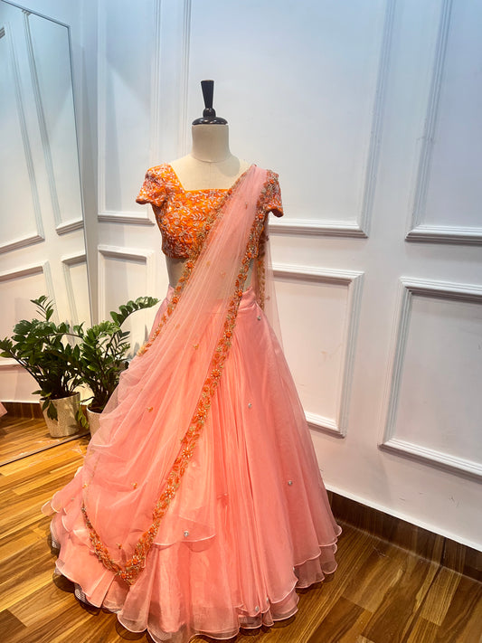 Elegant Peach & Orange Organza Lehenga Set