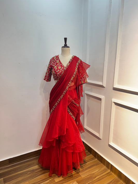 Embroidered Chinon Pre-Draped Saree with Ruffled Dupatta