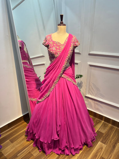 Hand Embroidered Pre-Draped Half Saree in Pure Georgette