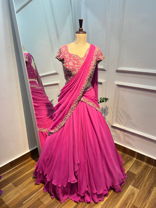 Hand Embroidered Pre-Draped Half Saree in Pure Georgette