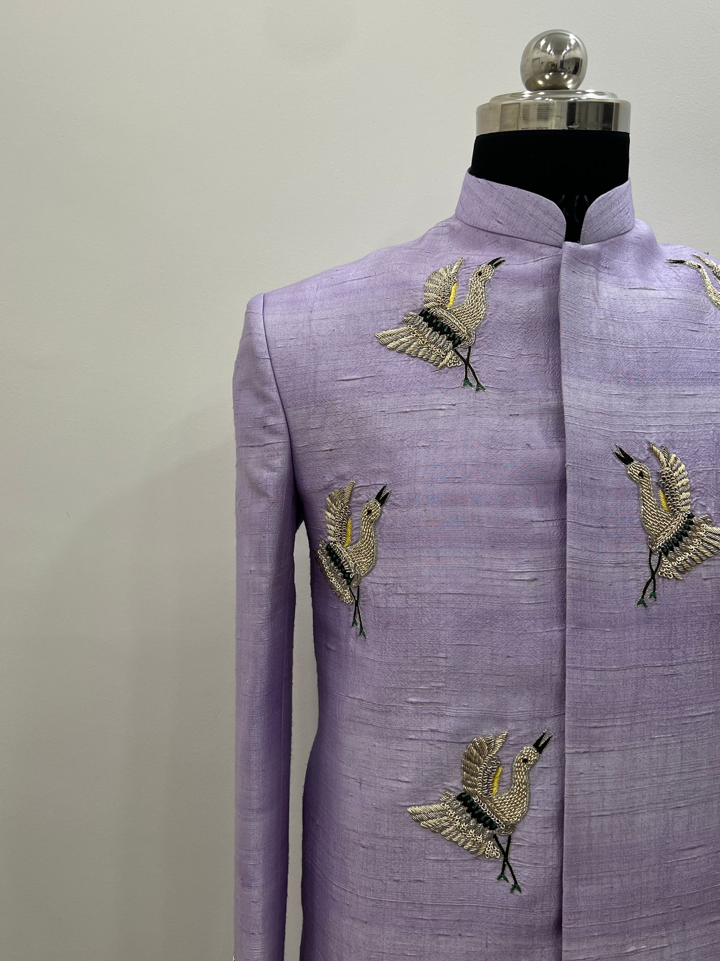 Lavender Raw Silk Sherwani with Handcrafted Bird Embroidery
