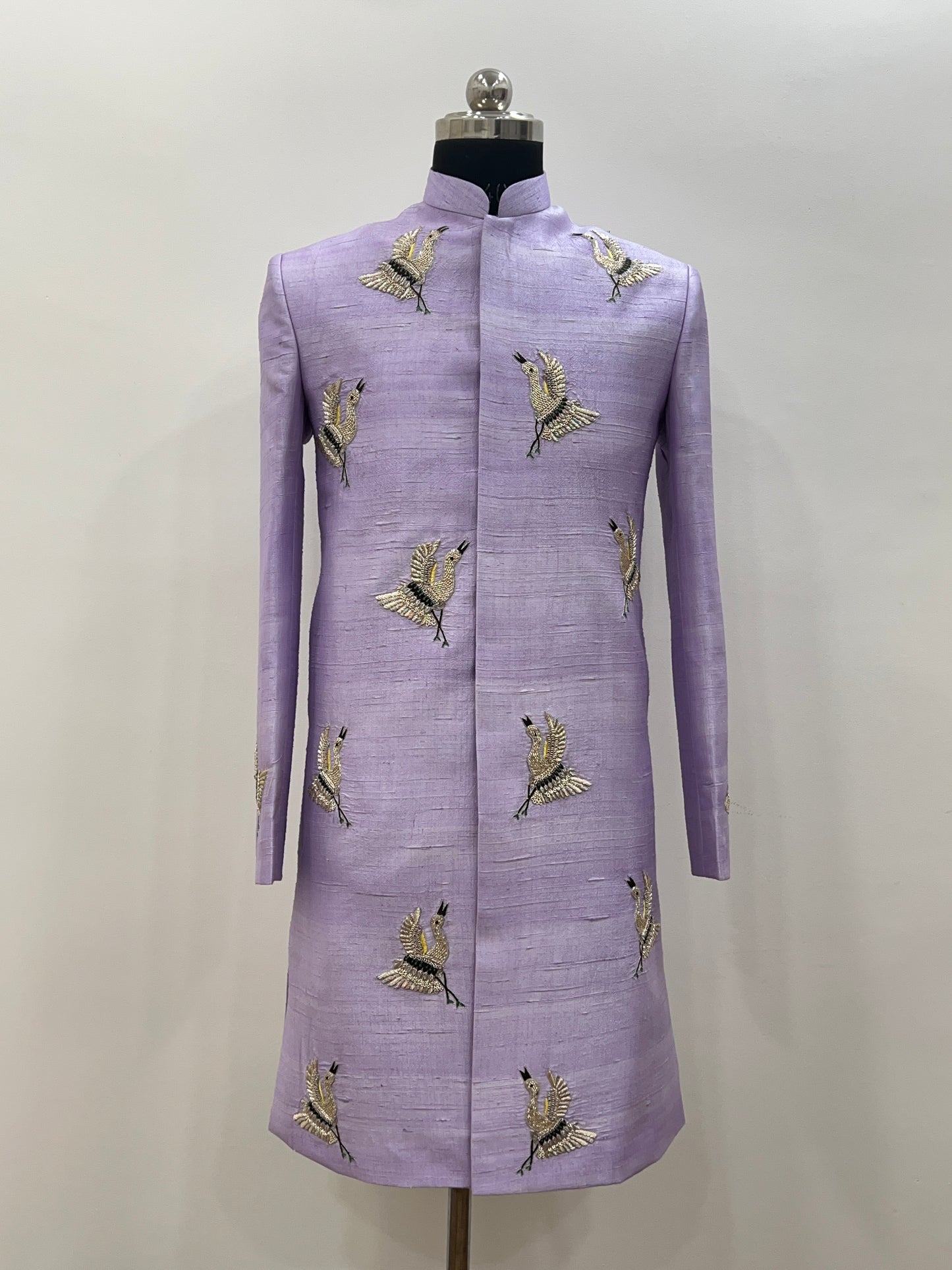 Lavender Raw Silk Sherwani with Handcrafted Bird Embroidery