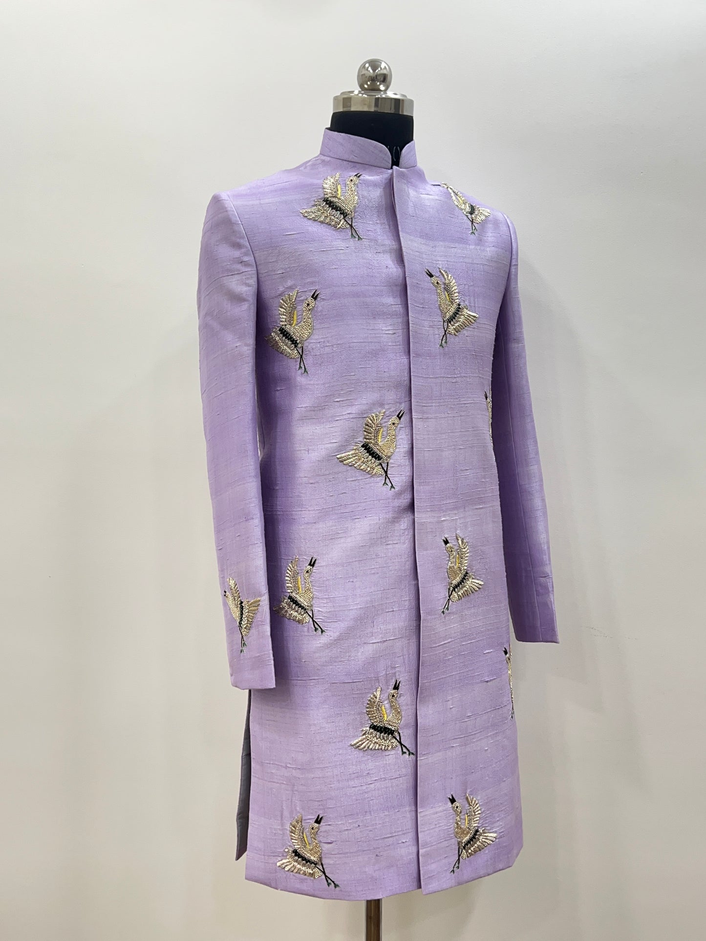 Lavender Raw Silk Sherwani with Handcrafted Bird Embroidery
