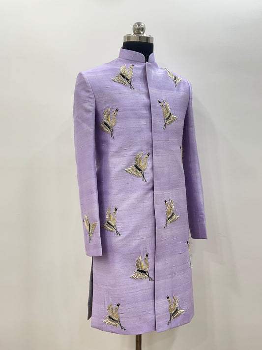 Lavender Raw Silk Sherwani with Handcrafted Bird Embroidery