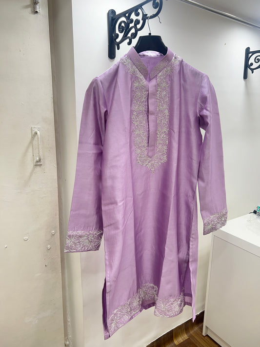 Lavender Silk Kurta with Intricate Hand Embroidery