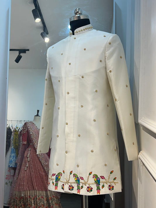 Off-White Silk Semi Sherwani Set with Hand Zardosi & Thread Embroidery