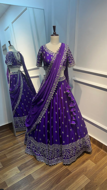 Royal Purple Pure Raw Silk Lehenga with Hand Embroidery