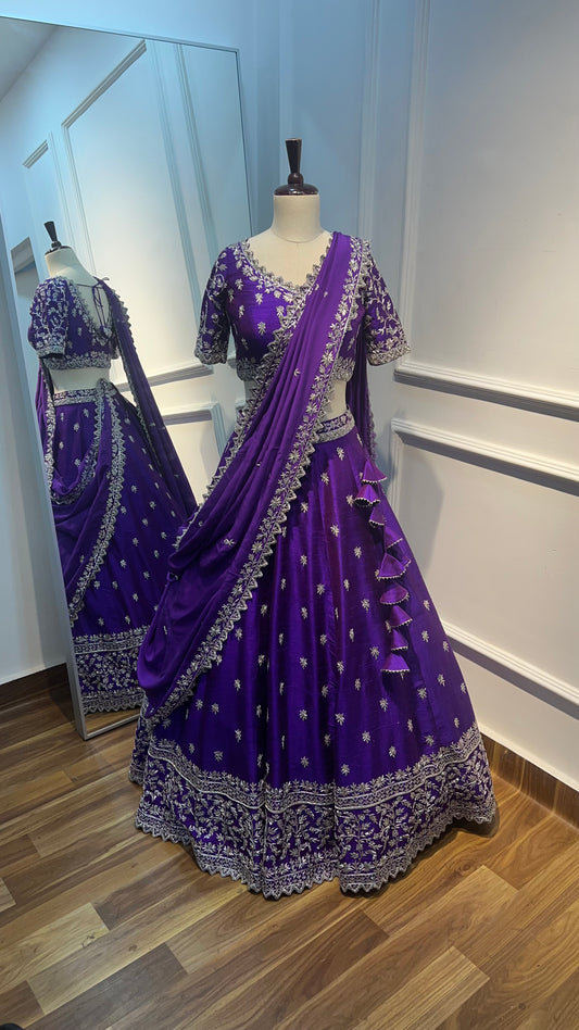 Royal Purple Pure Raw Silk Lehenga with Hand Embroidery