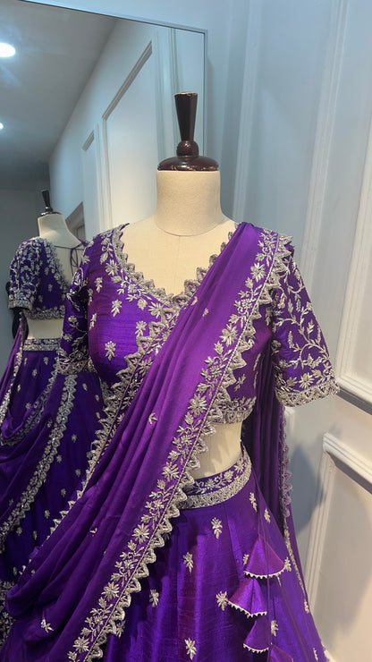 Royal Purple Pure Raw Silk Lehenga with Hand Embroidery