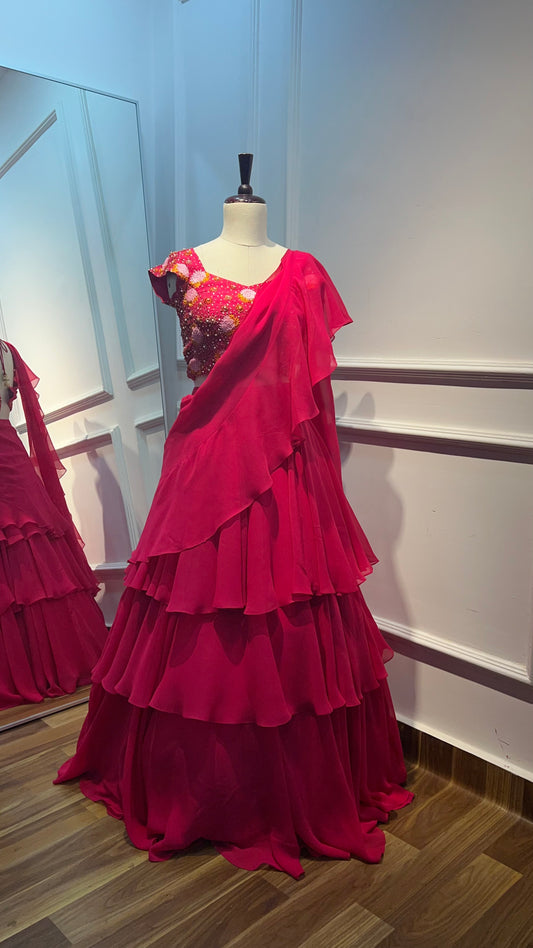 Fuchsia Georgette Ruffle Skirt Set with Hand-Embroidered Blouse
