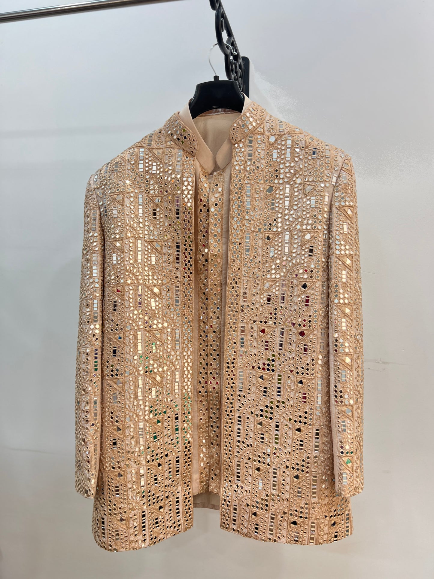 Beige Raw Silk Open Sherwani with Mirror Embellishment