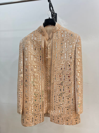 Beige Raw Silk Open Sherwani with Mirror Embellishment