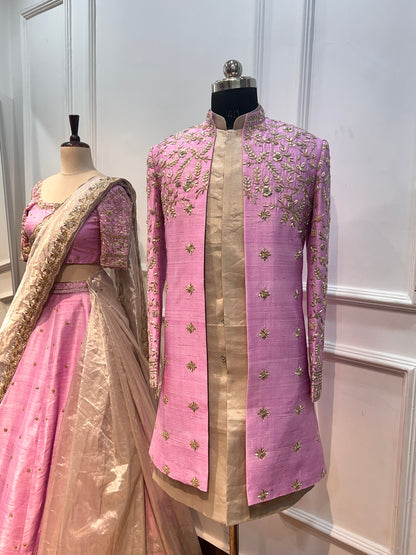 Pink Raw Silk Open Sherwani with Hand Embroidery & Tissue Inner Kurta With Pants