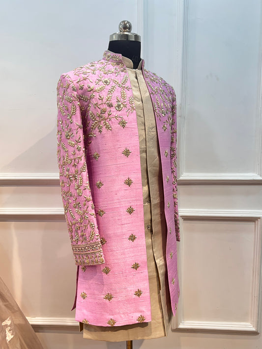 Pink Raw Silk Open Sherwani with Hand Embroidery & Tissue Inner Kurta With Pants