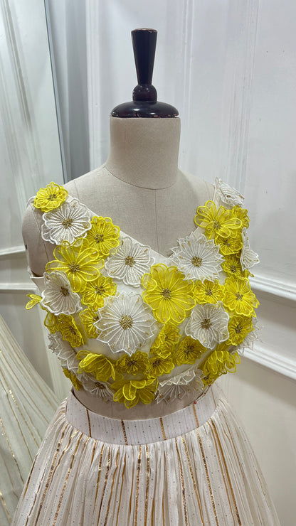 Ivory Georgette Lehenga with 3D Floral Hand-Embroidered Blouse