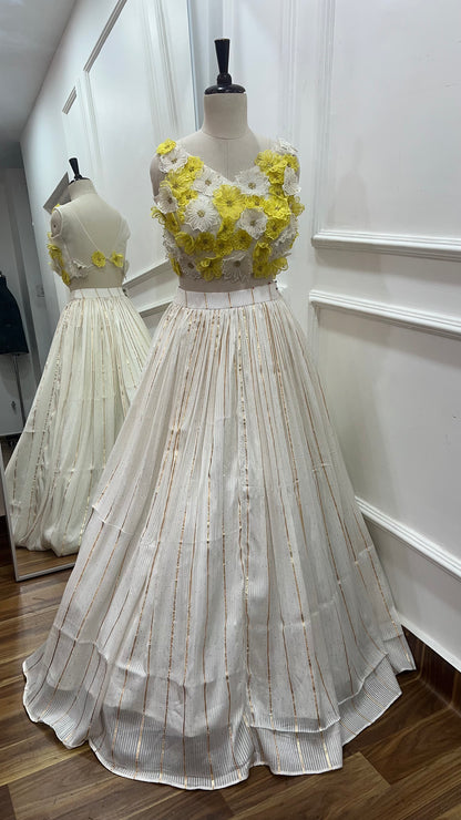 Ivory Georgette Lehenga with 3D Floral Hand-Embroidered Blouse