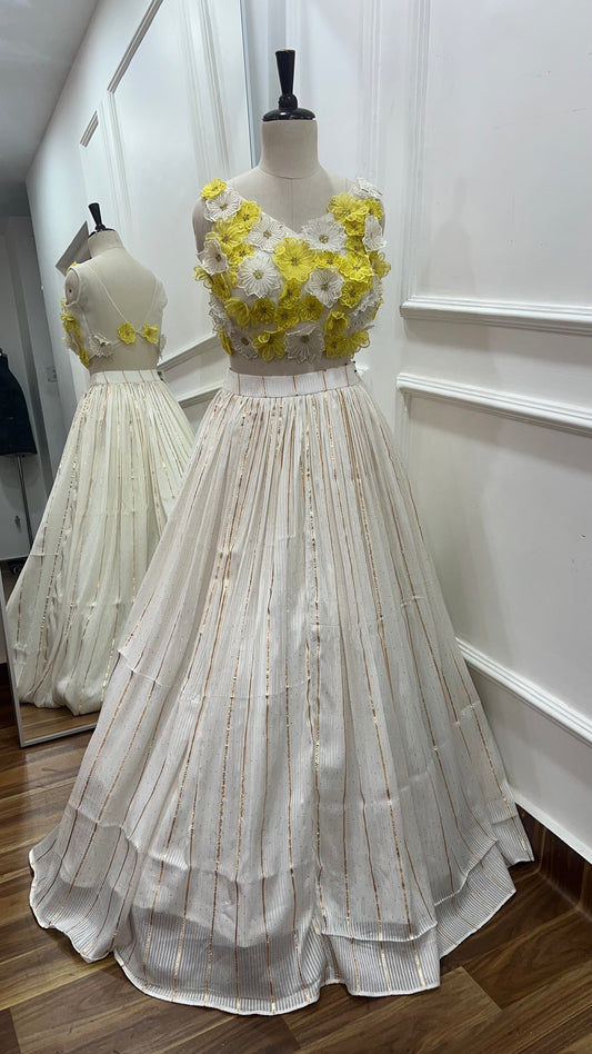 Ivory Georgette Lehenga with 3D Floral Hand-Embroidered Blouse