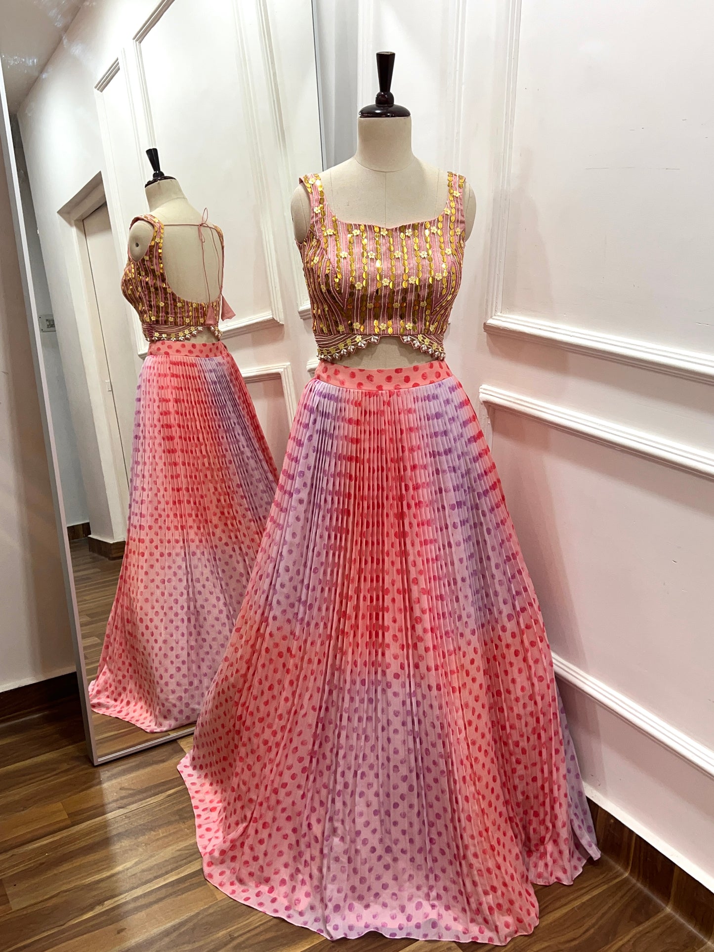 Pleated Muslin Silk Lehenga with Hand-Beaded Blouse