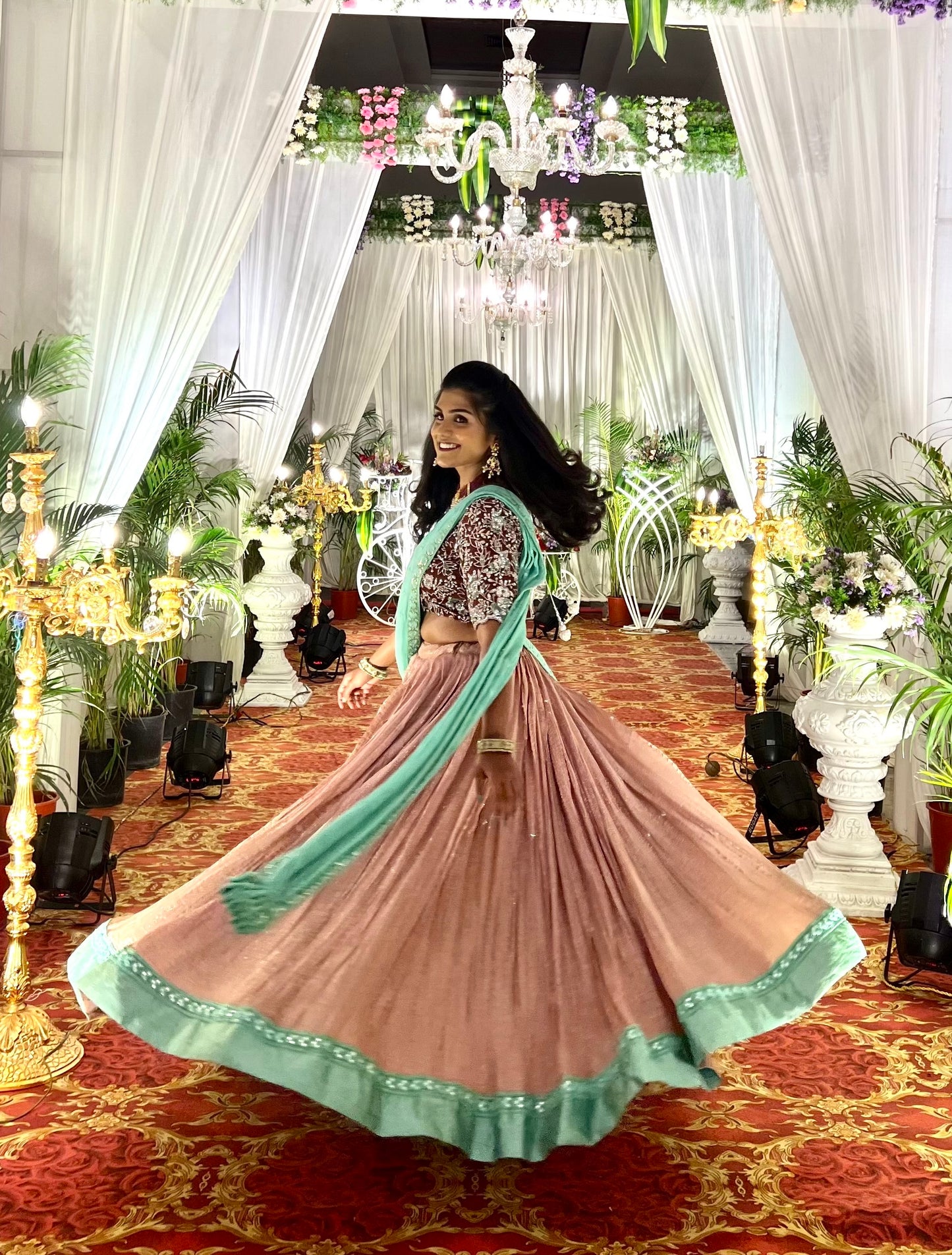 Georgette Jari Stripe Lehenga Set with Organza Work Blouse & Falling Chinon Dupatta