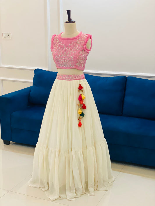 Baby Pink Zardosi Crop Top with Tiered Beige Georgette Lehenga