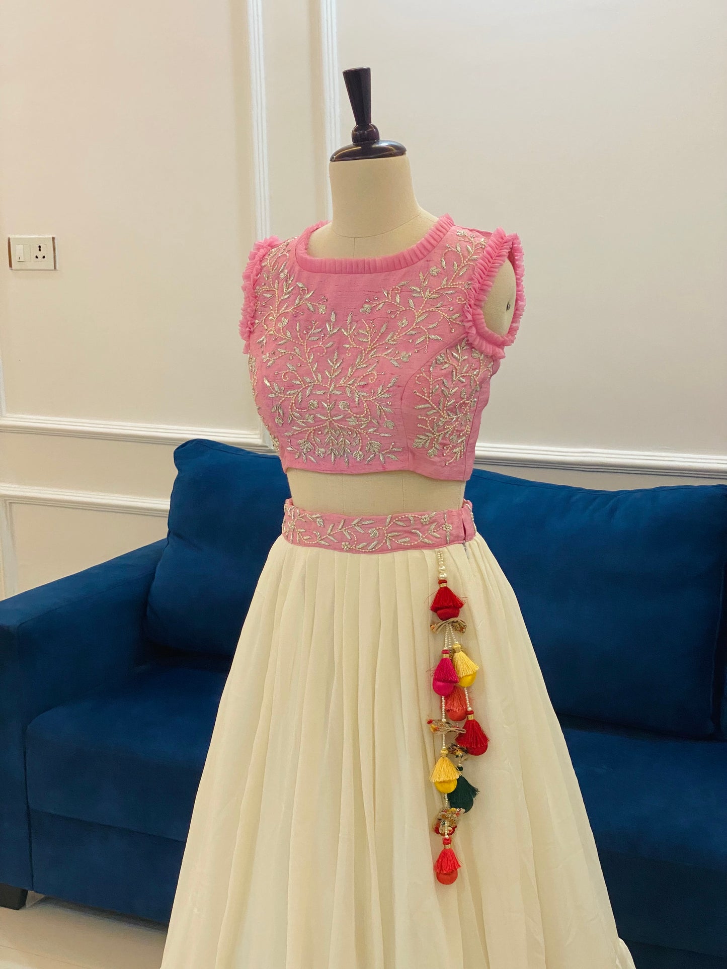 Baby Pink Zardosi Crop Top with Tiered Beige Georgette Lehenga