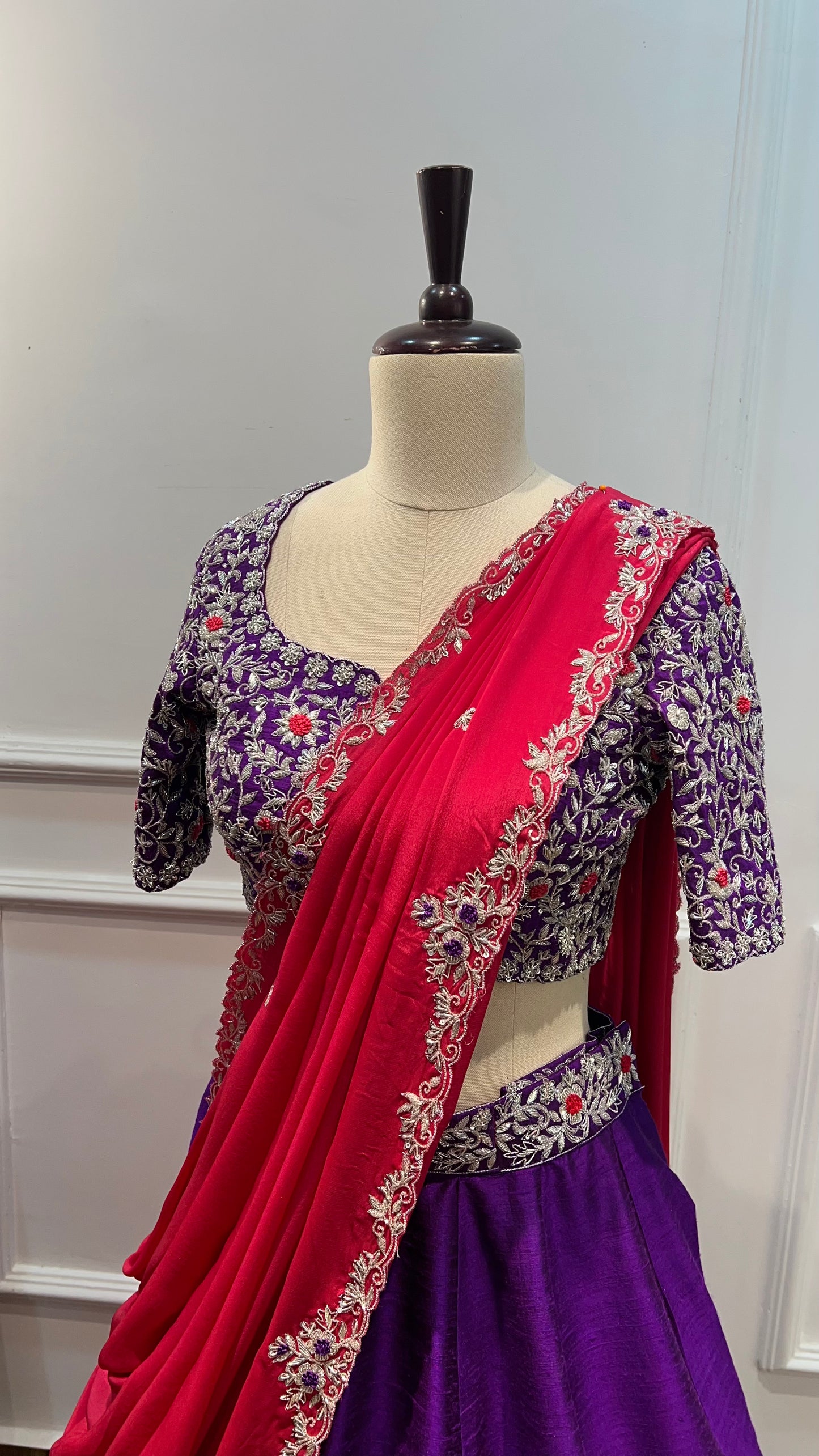Raw Silk Handworked Lehenga with Embroidered Blouse & Crepe Silk Dupatta
