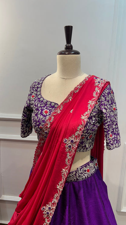 Raw Silk Handworked Lehenga with Embroidered Blouse & Crepe Silk Dupatta