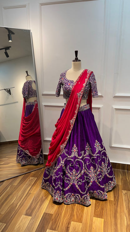 Raw Silk Handworked Lehenga with Embroidered Blouse & Crepe Silk Dupatta