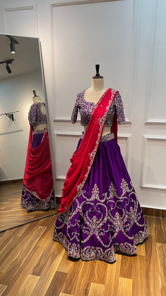 Raw Silk Handworked Lehenga with Embroidered Blouse & Crepe Silk Dupatta