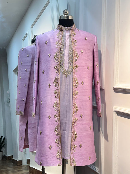 Regal Pure Raw Silk Open Sherwani with Zardosi Handwork & Silk Kurta