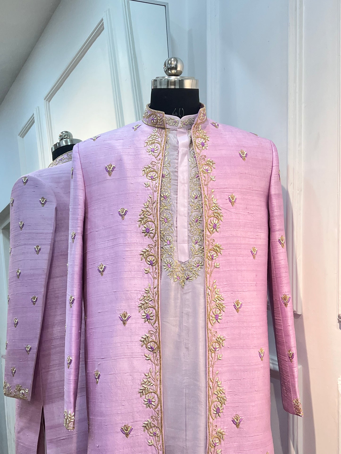 Regal Pure Raw Silk Open Sherwani with Zardosi Handwork & Silk Kurta