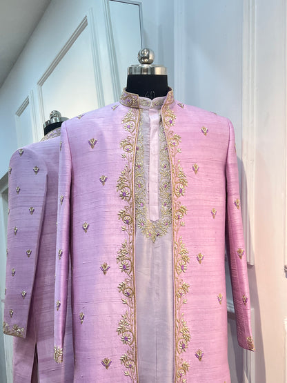 Regal Pure Raw Silk Open Sherwani with Zardosi Handwork & Silk Kurta