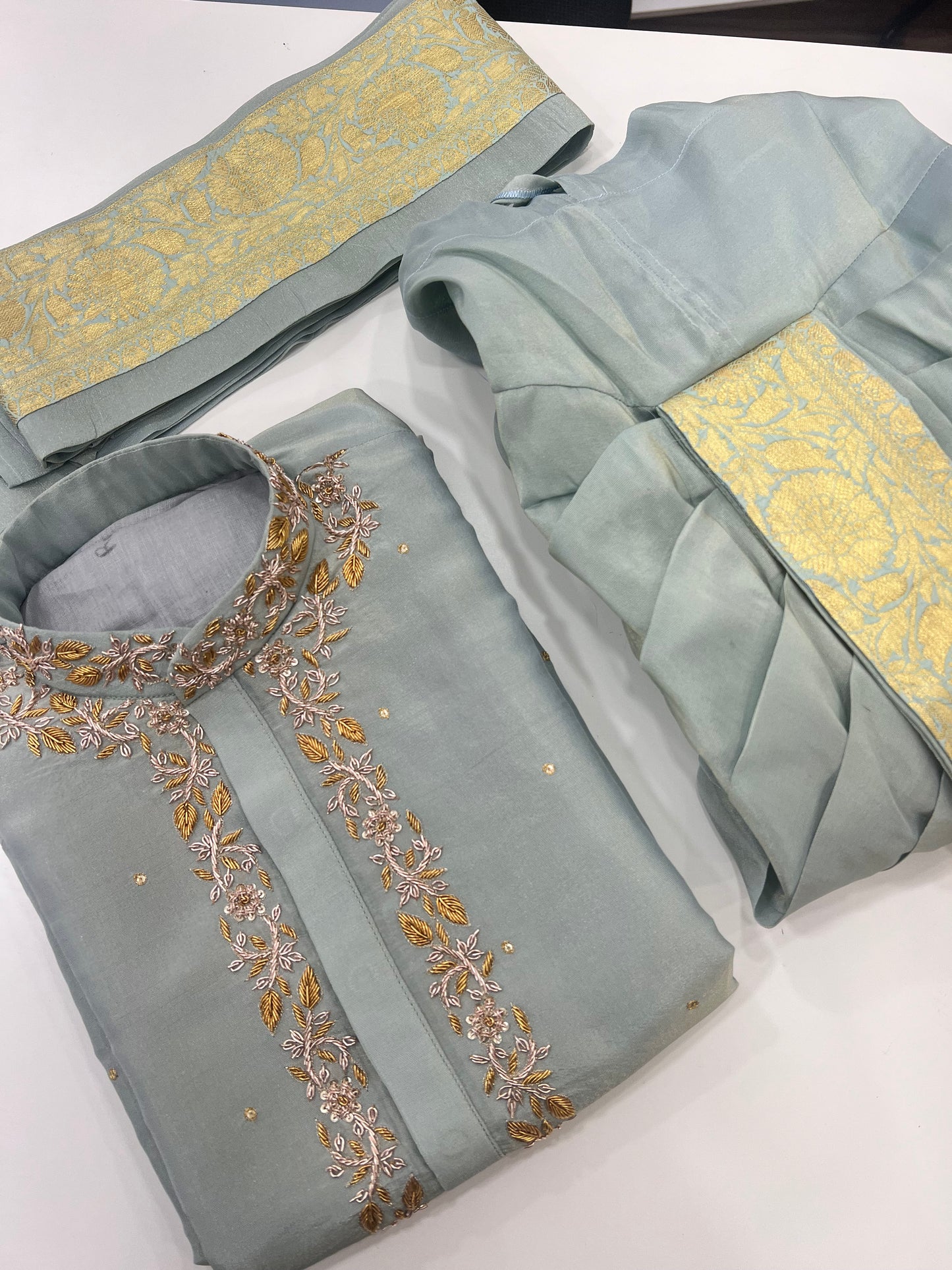 Ice Blue Tissue Kurta with Dhoti & Kanduva Set