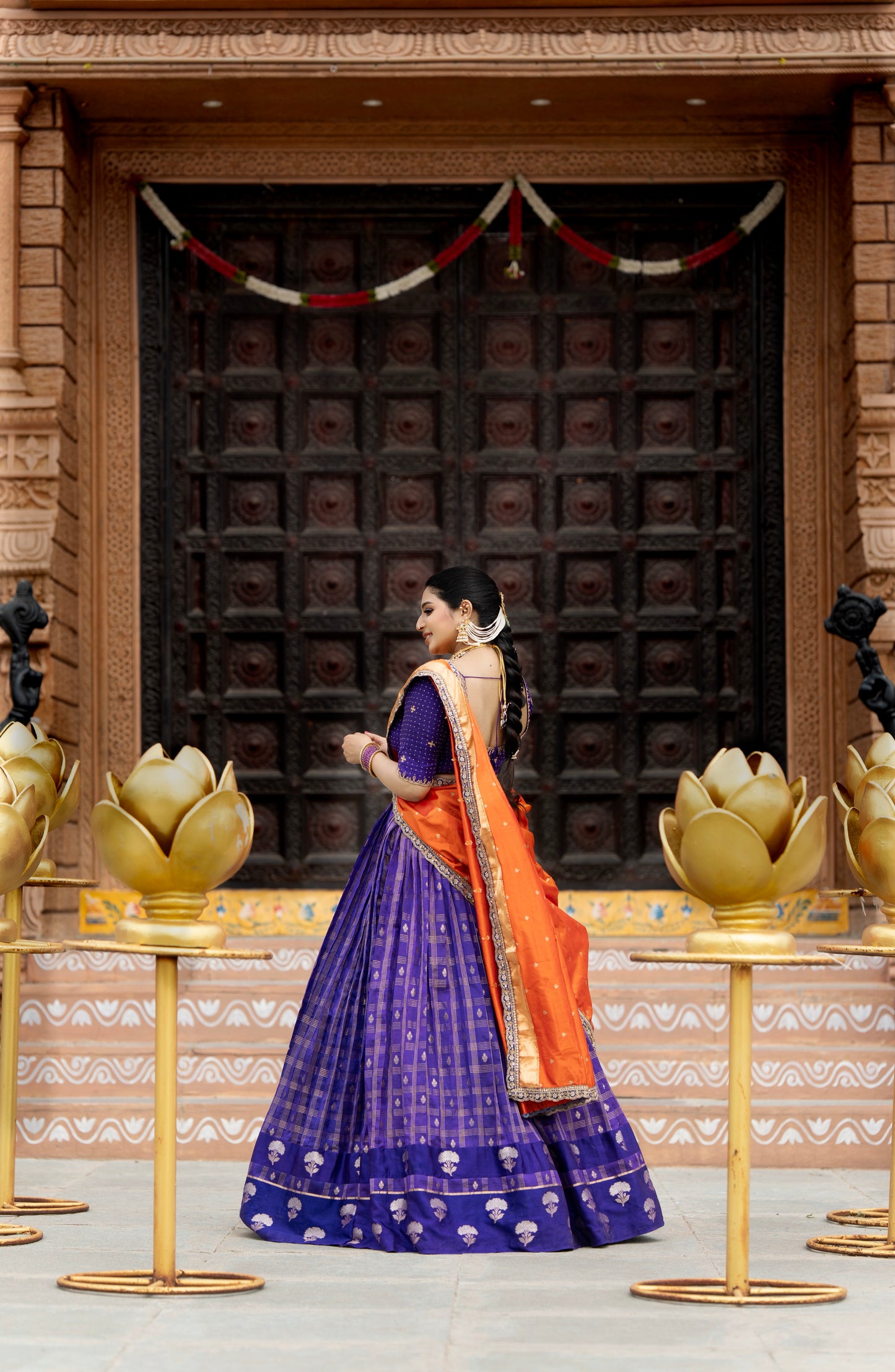 Violet checks lehenga with orange dupatta crafted in pure silk